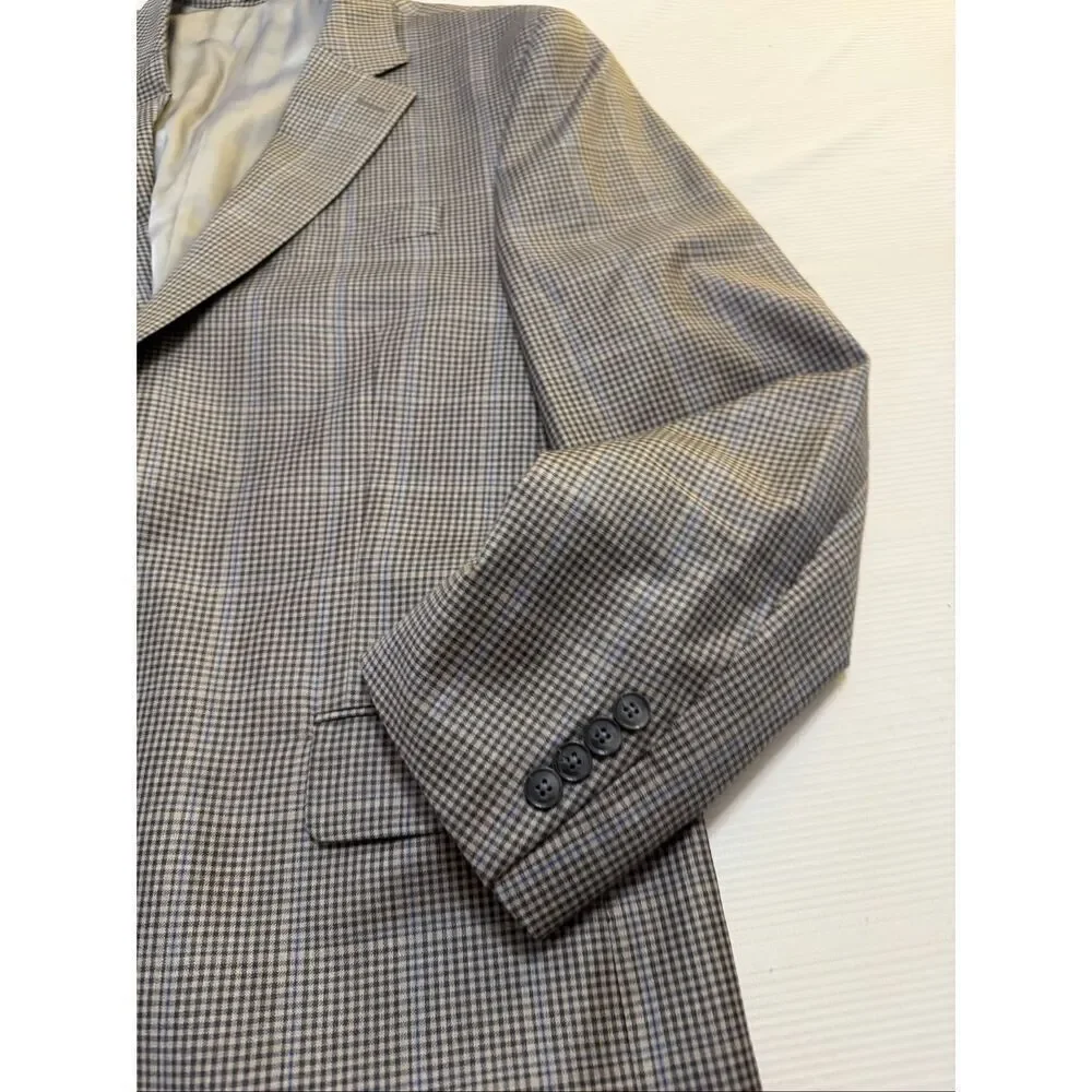 Peter Millar Grey Plaid Gingham 2 Button Wool Blazer Size 44T